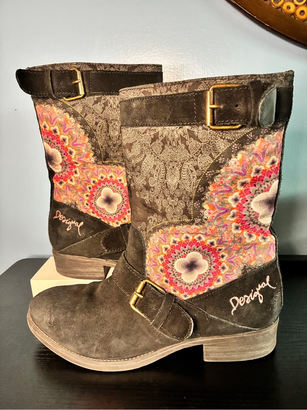 Desigual Black Suede Ankle Boots with Pink & Orange Embroidery